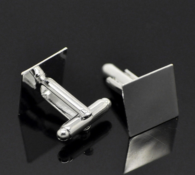 10 Silver Plated Square CUFF LINKS Blanks, CUFFLINKS, fits 15mm Square Cabochon Pad, fin0623