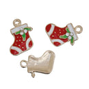 5 CHRISTMAS STOCKING Charms or Pendants, Stocking with Holly, Gold Plated with enamel and rhinestone accents, 18x16mm, chg0526
