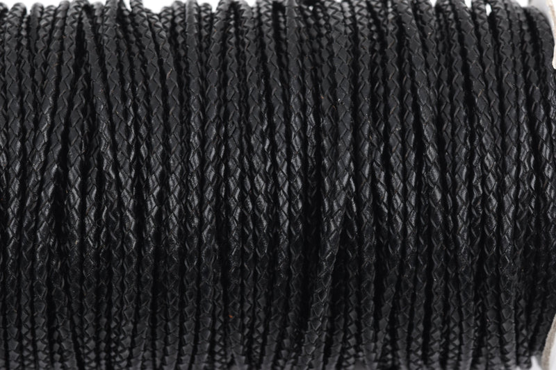 3mm BLACK Round Braided Licorice Leather, European Leather Cord, flexible, 1 yard (3 feet), Lth0006