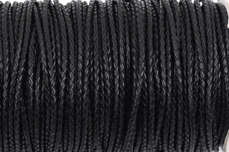 4mm BLACK Round Braided Licorice Leather, European Leather Cord, flexible, 1 yard (3 feet), Lth0005