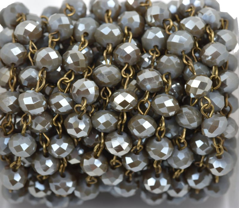 13 feet MUSHROOM GREY Crystal Rondelle Rosary Chain, bronze, 8mm faceted rondelle glass beads, fch0530b