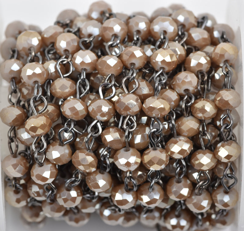 1 yard CARAMEL BROWN TAUPE Crystal Rondelle Rosary Chain, gunmetal, 6mm faceted rondelle glass beads, fch0531a