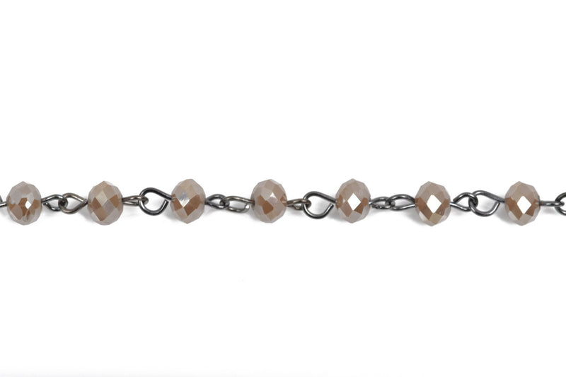 1 yard CARAMEL BROWN TAUPE Crystal Rondelle Rosary Chain, gunmetal, 6mm faceted rondelle glass beads, fch0531a