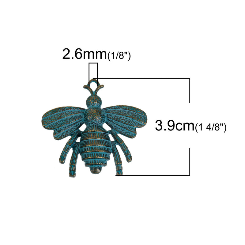 5 BEE Charm Pendants, Blue Green Patina over Bronze Brass, Large Bumblebee Queen Bee Charms, 39x36mm, chb0489