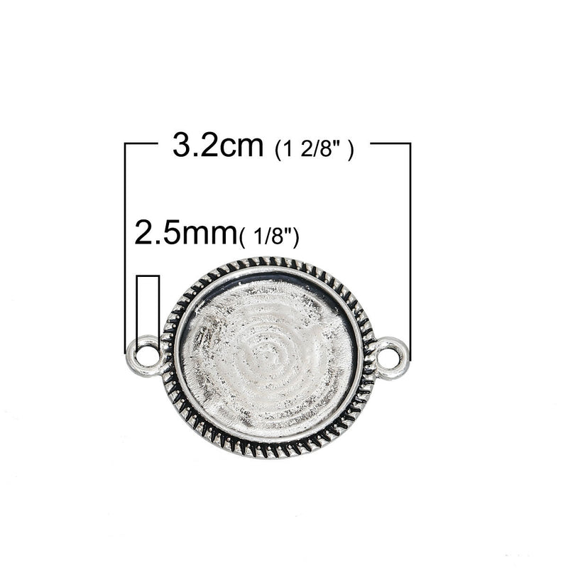 5 BEZEL TRAY 2-Hole Connectors Round Silver Plated . Cabochon Setting 32x24mm (Fits 20mm round cabochons), chs2730