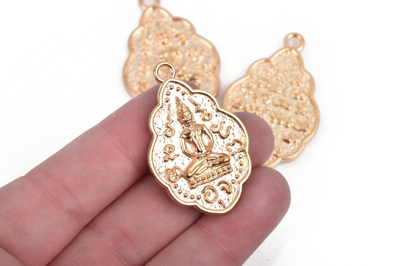 2 THAI BUDDHA charm pendants, light gold metal, religious icon, 42x26mm, chg0529