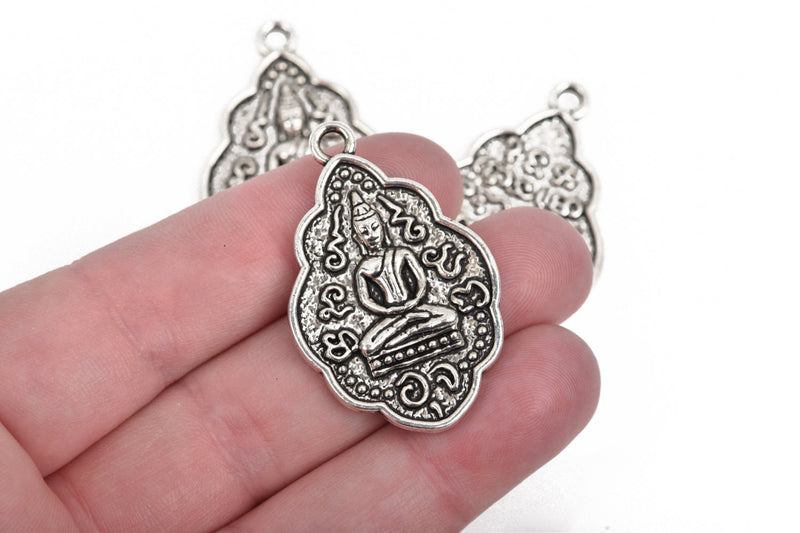 2 THAI BUDDHA charm pendants, antique silver metal, religious icon, 42x26mm, chs2737