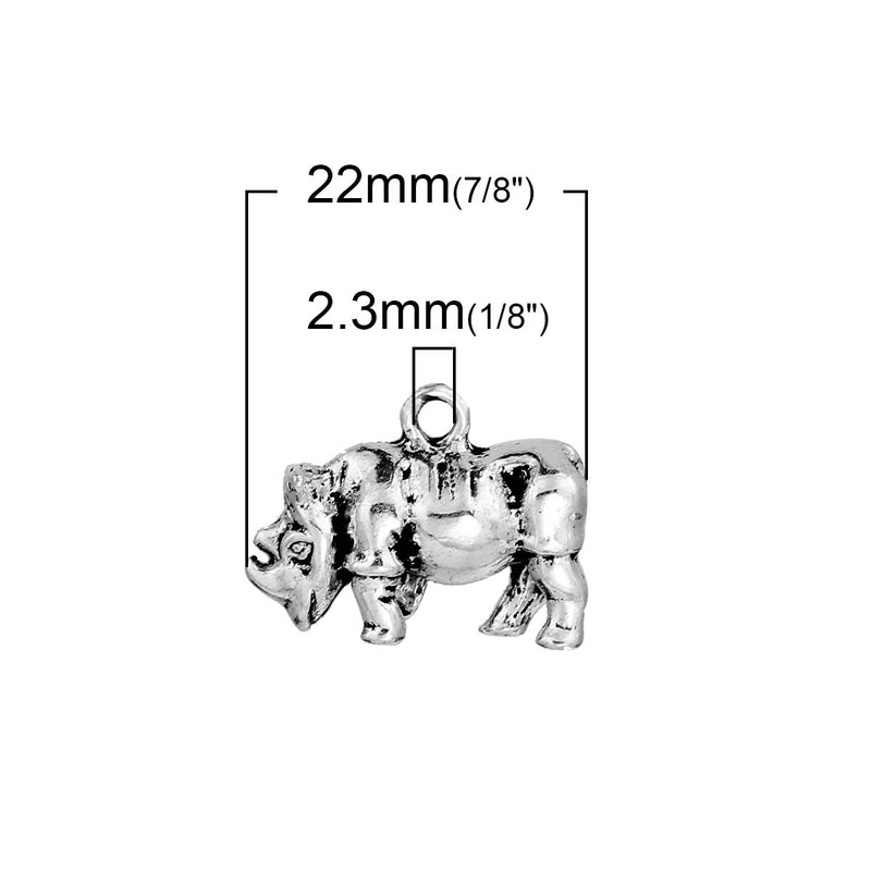5 Silver RHINO Charm Pendants, Rhinoceros charms, 22x15mm, chs2741