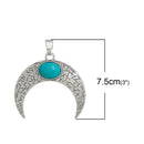 CRESCENT MOON Pendant, Silver double horn with turquoise blue cabochon, textured metal, 3" chs2738
