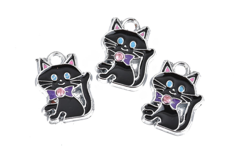 4 Silver Metal Enamel and Rhinestone BLACK CAT Charm Pendants for Halloween  che0531