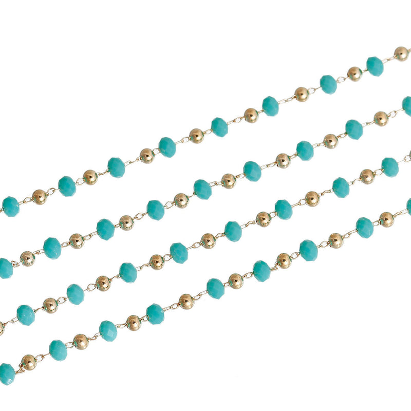 1 yard (3 feet) Mint Green and Gold Crystal Rosary Bead Chain, 4mm faceted rondelle glass beads, 3mm gold round beads, fch0546
