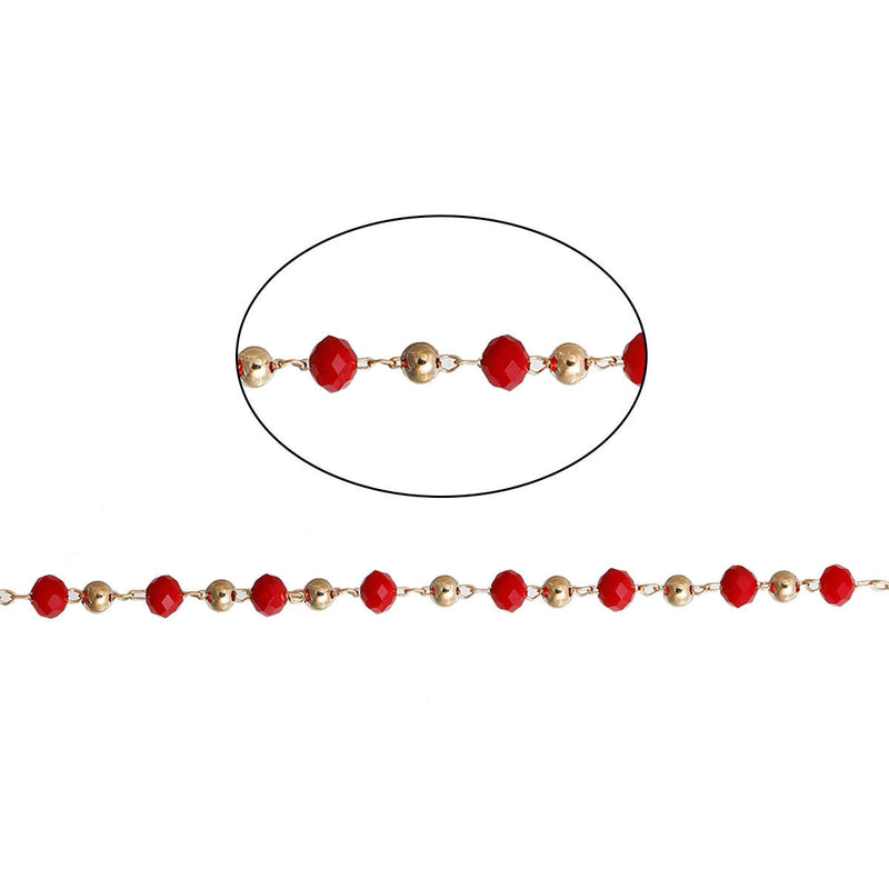 1 yard (3 feet) Red and Gold Crystal Rosary Bead Chain, 4mm faceted rondelle glass beads, 3mm gold round beads, fch0547