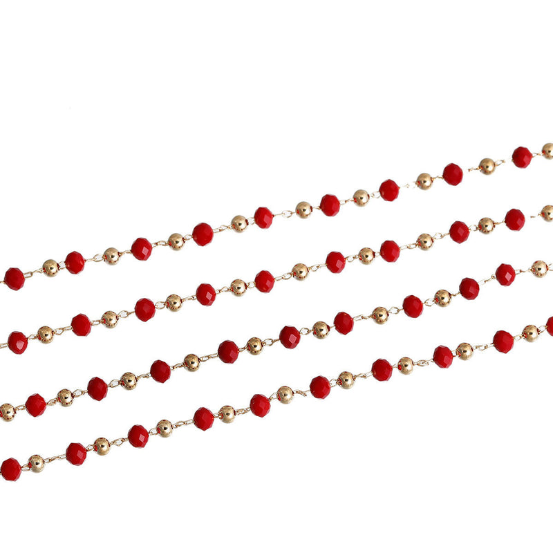 1 yard (3 feet) Red and Gold Crystal Rosary Bead Chain, 4mm faceted rondelle glass beads, 3mm gold round beads, fch0547