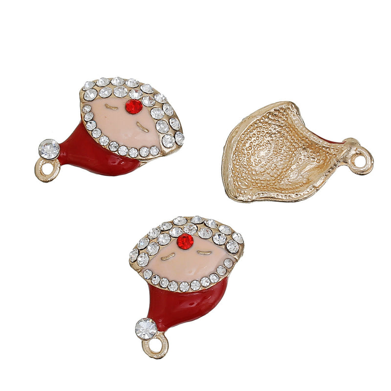 3 CHRISTMAS SANTA Claus Charms or Pendants . Gold Plated with enamel and rhinestone accents, 20x17mm, chg0534