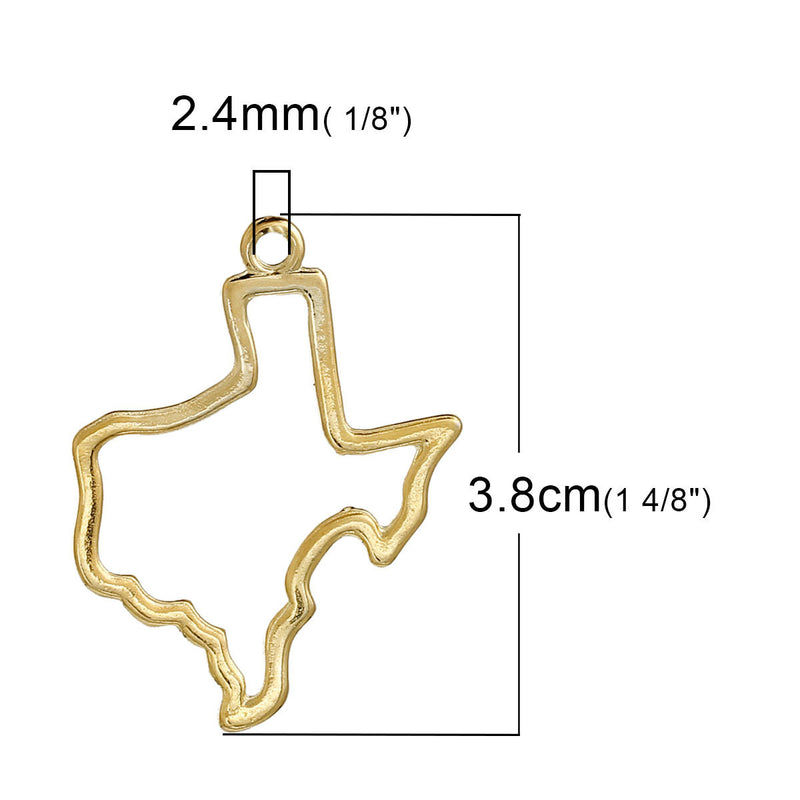 5 Gold TEXAS Charm Pendants, Outline State Texas Travel Charm Pendants, 38x30mm, chg0538