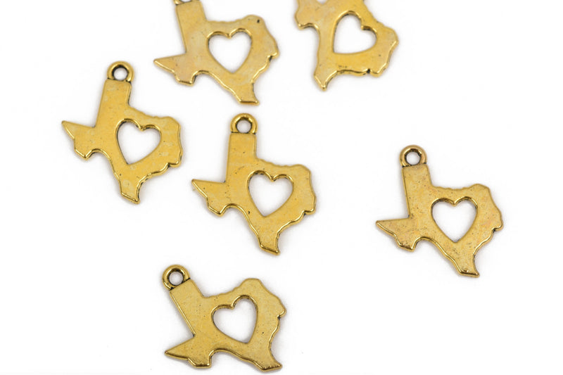 10 Gold Plated TEXAS Charm Pendants, Heart Cut Out State Texas Travel Charm Pendants, 23x19mm, chg0537