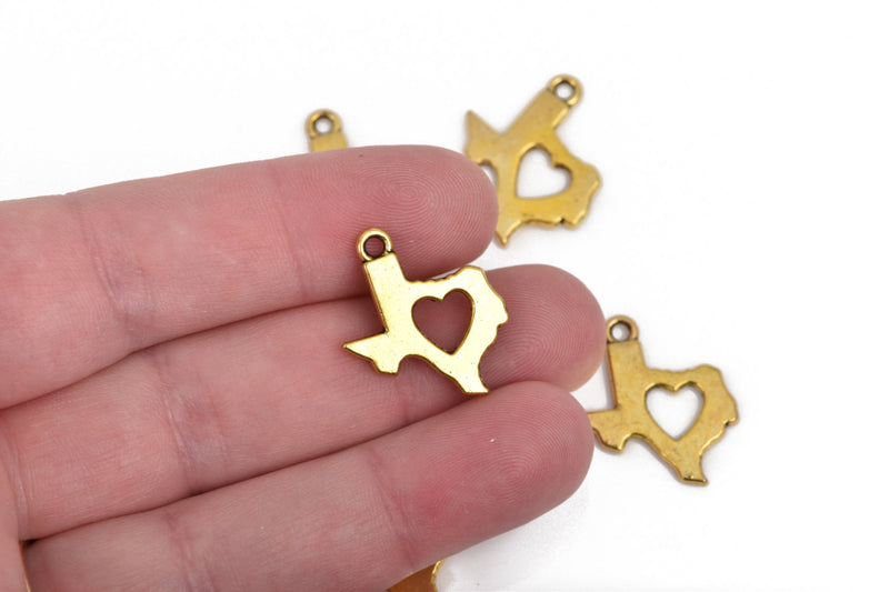 10 Gold Plated TEXAS Charm Pendants, Heart Cut Out State Texas Travel Charm Pendants, 23x19mm, chg0537