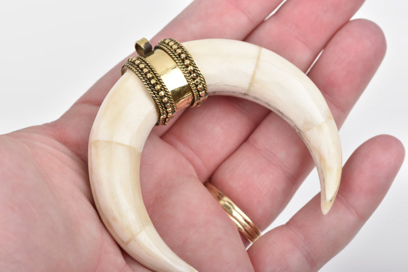 White Natural Bone Double Horn Pendant, Large Crescent Horn, Brass Bail, Upside Down Moon, 2-3/4" wide cho0167