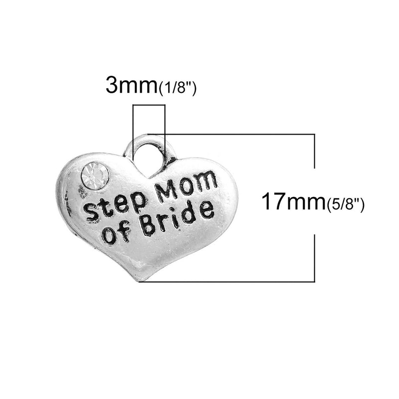 1 Silver Tone Rhinestone " Step Mom of Bride " Heart Charm Pendant 16x14mm chs2662
