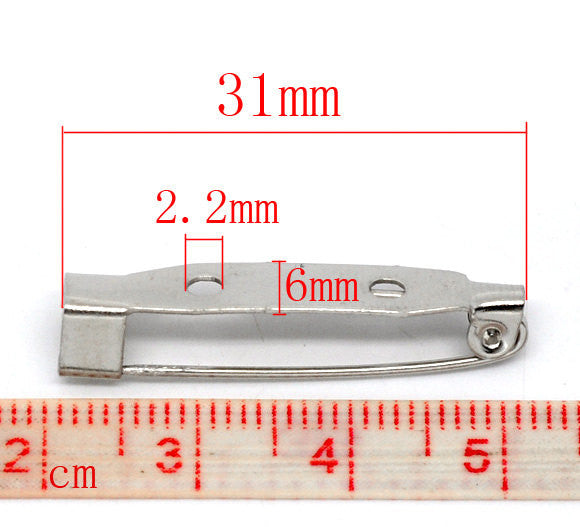 100 SILVER Metal Pin Backs, 31mm long, pin0110