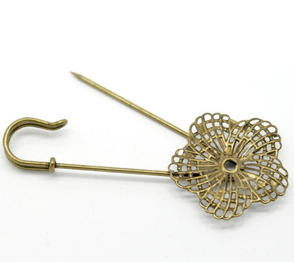 5 Bronze Metal Shawl Pins, Flower Stick Pins, filigree brooch pin blanks, fits 4mm round rhinestone in center, lapel pin, bezel tray pin0109