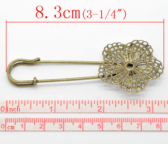 5 Bronze Metal Shawl Pins, Flower Stick Pins, filigree brooch pin blanks, fits 4mm round rhinestone in center, lapel pin, bezel tray pin0109