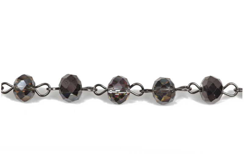 1 yard Smoky Grey AB Crystal Rondelle Rosary Chain, gunmetal, 8mm faceted rondelle glass beads, fch0508a