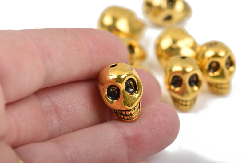 5 Gold Metal SKULL Beads, drilled top to bottom, 18mm, bme0400