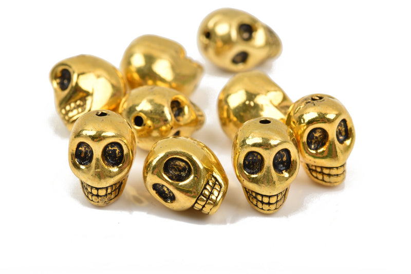 5 Gold Metal SKULL Beads, drilled top to bottom, 18mm, bme0400