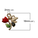 5 FLOWER and BEE Charms, Red Rose with Gold Tone Bee Insect, Enamel and Metal Rhinestone Pendants, 18x16mm, chg0541