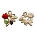 5 FLOWER and BEE Charms, Red Rose with Gold Tone Bee Insect, Enamel and Metal Rhinestone Pendants, 18x16mm, chg0541