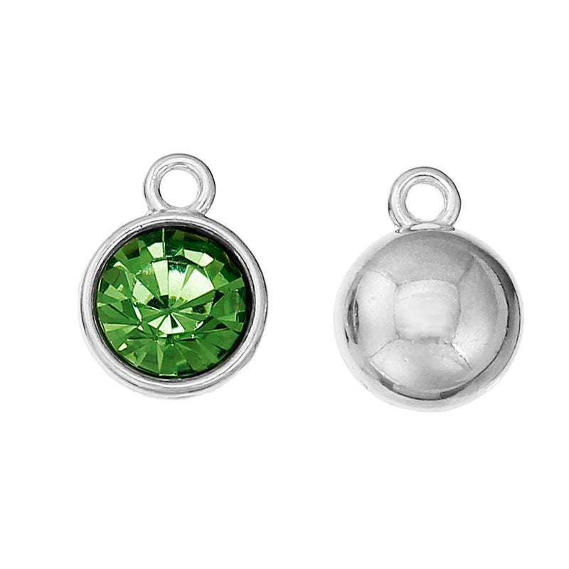 5 PERIDOT GREEN Crystal Round Charms, rhinestone drop charms, Crystal Glass in Silver Bezel, 13x10mm, chs2747
