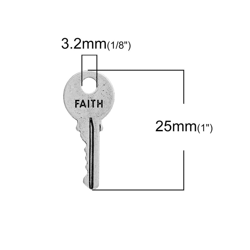 10 Small Silver FAITH KEY Charms, Antiqued Silver Metal with Faith stamped on one side, 25x11mm, chs2750