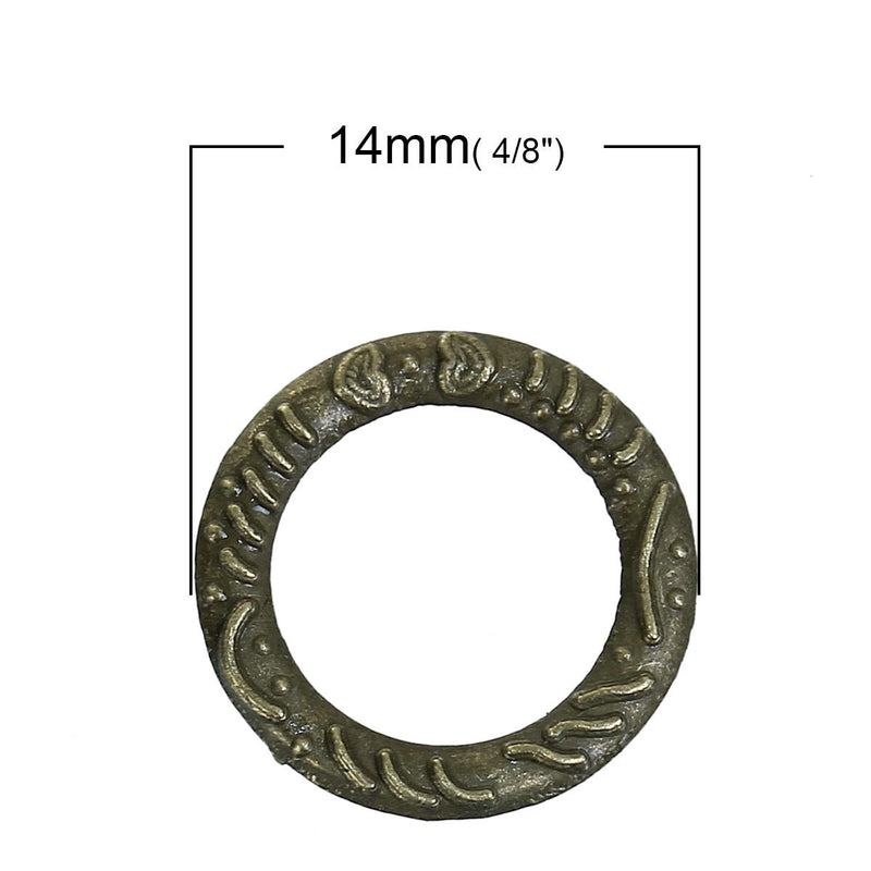 50 Antique Bronze CONNECTOR RING Charms, 14mm, stylized texture, chb0493