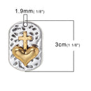 3 CROSS HEART Dogtag Charm Pendants, silver tone base with gold cross, rustic hammered metal rectangle, 37x15mm, chs2743