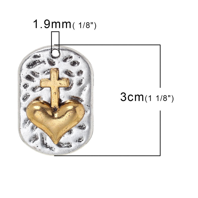 3 CROSS HEART Dogtag Charm Pendants, silver tone base with gold cross, rustic hammered metal rectangle, 37x15mm, chs2743