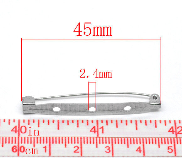 50 SILVER Metal Pin Backs, 45mm long, pin0112