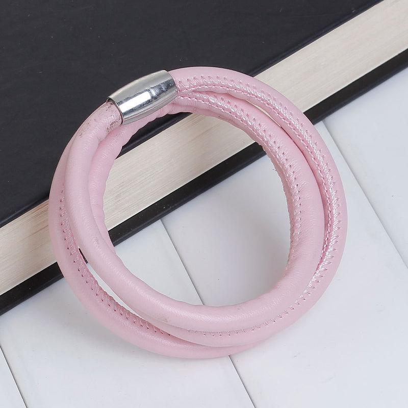 2 PINK Round Leather Triple Wrap Bracelet Blanks, Magnet Clasp, 5mm Polyurethane Licorice Leather, 23-5/8" long cor0134