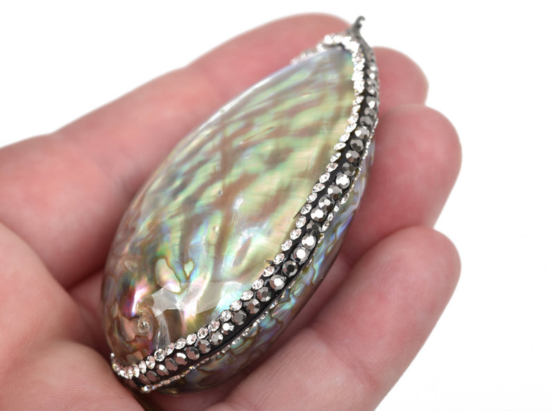 ABALONE Shell Pendant with Rhinestones, Large Pavé Pendant, Double Sided Natural Seashell, Paua Shell, 2-1/8" to 2-1/2" long cgm0057