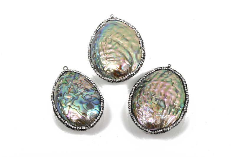 ABALONE Shell Pendant with Rhinestones, Large Pavé Pendant, Double Sided Natural Seashell, Paua Shell, 2-1/8" to 2-1/2" long cgm0057