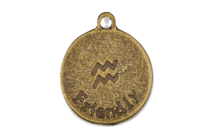 10 AQUARIUS ZODIAC Sign Charm Pendants, bronze metal, double sided charms, 16mm diameter, chb0484