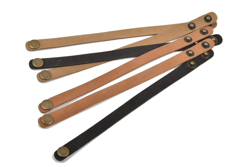 LEATHER CUFF Bracelet Blanks Sample Pack, 6 leather bracelet cuffs, brass snaps, black, camel, tan, 1/2" wide, Lth0001