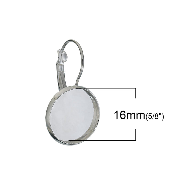 10 Silver Plated Lever Back Earring Blanks with Cabochon Bezel Tray, fits 16mm round cabochon, fin0639