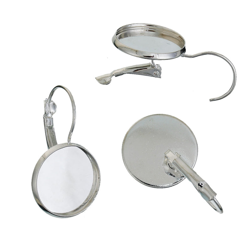 10 Silver Plated Lever Back Earring Blanks with Cabochon Bezel Tray, fits 16mm round cabochon, fin0639