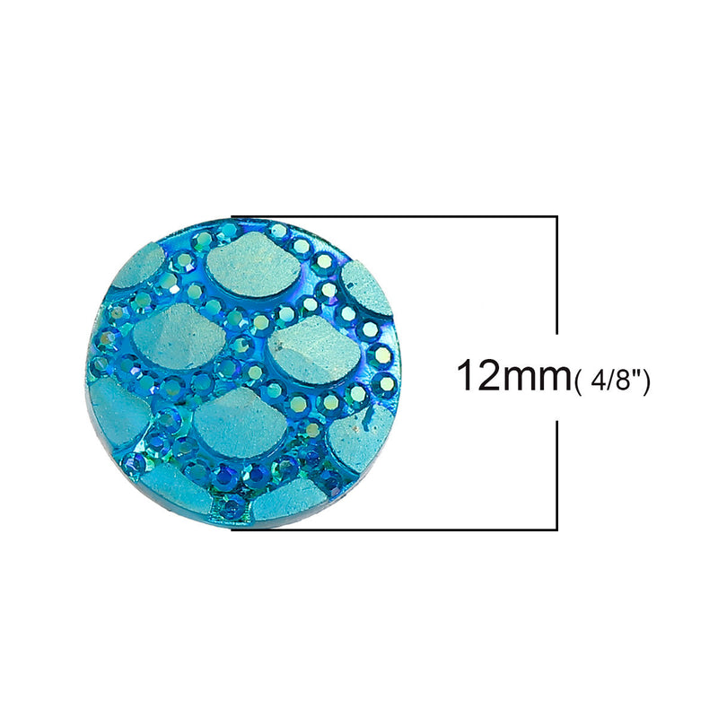 12mm DRAGON SCALE Cabochons, Round Resin Metallic, Turquoise Blue Green Rainbow AB iridescent, 10 pieces, 1/2" cab0528