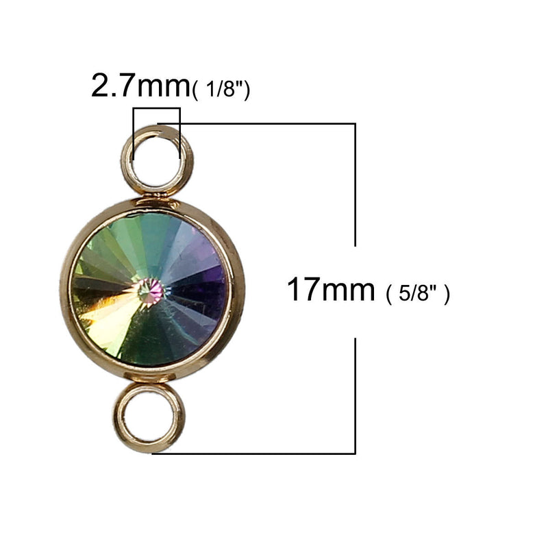 2 GOLD Stainless Steel Rhinestone Connector Link Charms, RAINBOW Ab Crystal in Center, 17x10mm, chg0543
