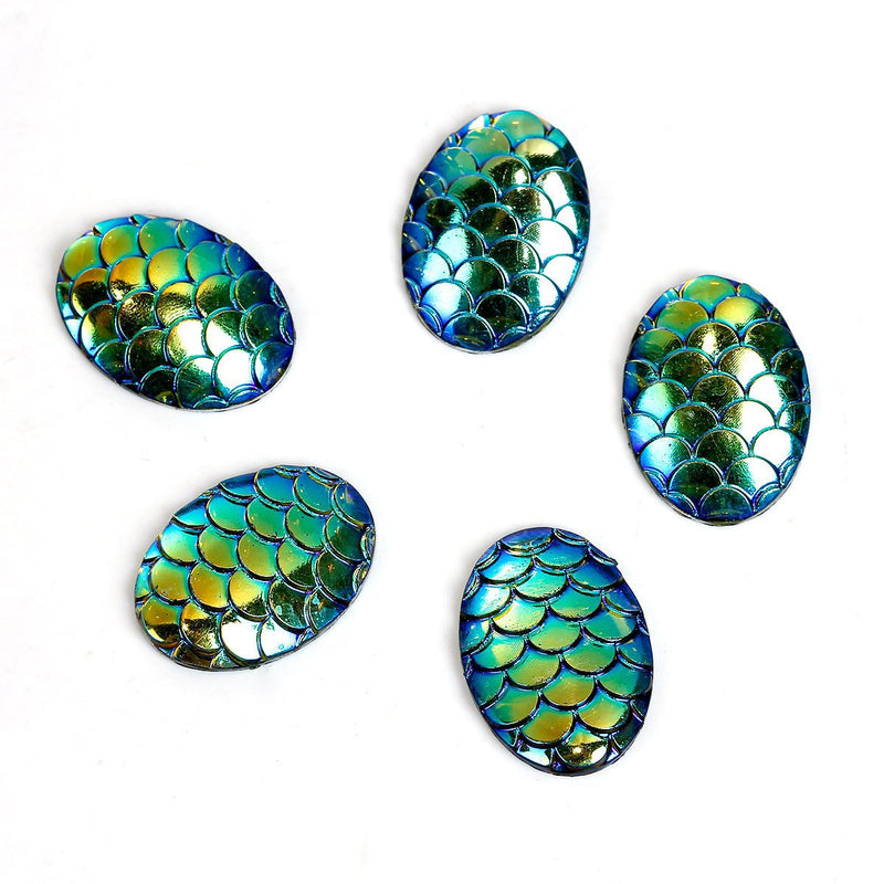 10 Oval Resin MERMAID FISH SCALE Cabochons, Rainbow Iridescent Green, faux druzy, 18x13mm, cab0504a