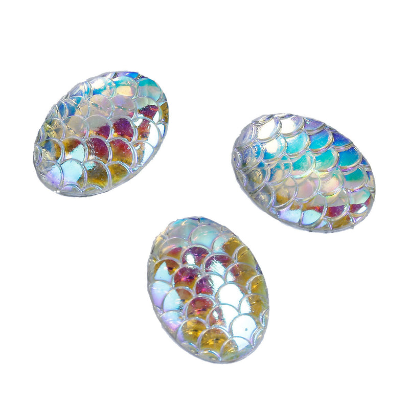 10 Oval Resin MERMAID FISH SCALE Cabochons, Rainbow Iridescent White, faux druzy, 18x13mm, cab0506a