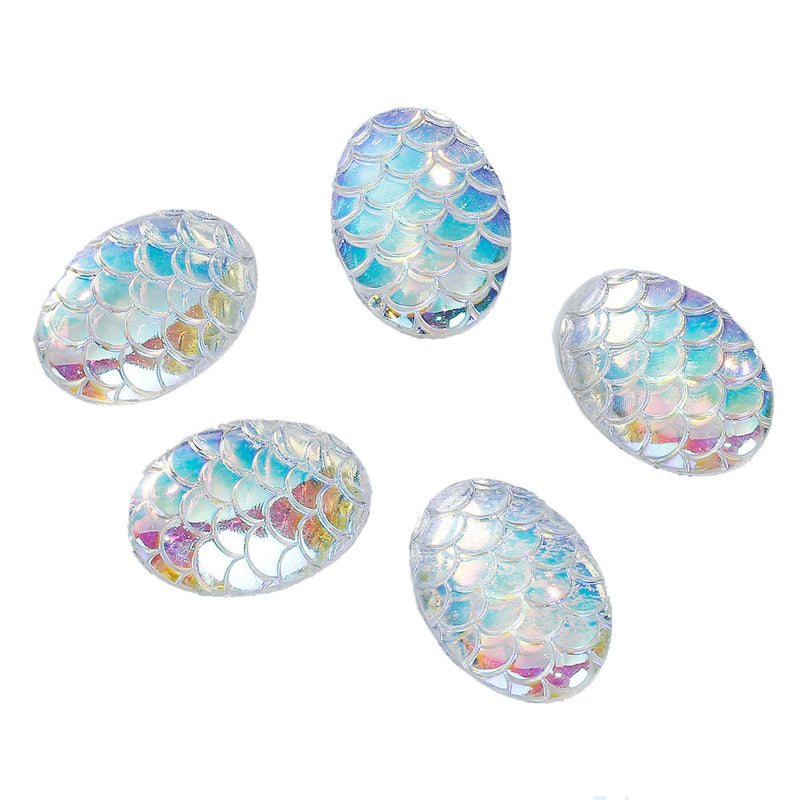 10 Oval Resin MERMAID FISH SCALE Cabochons, Rainbow Iridescent White, faux druzy, 18x13mm, cab0506a