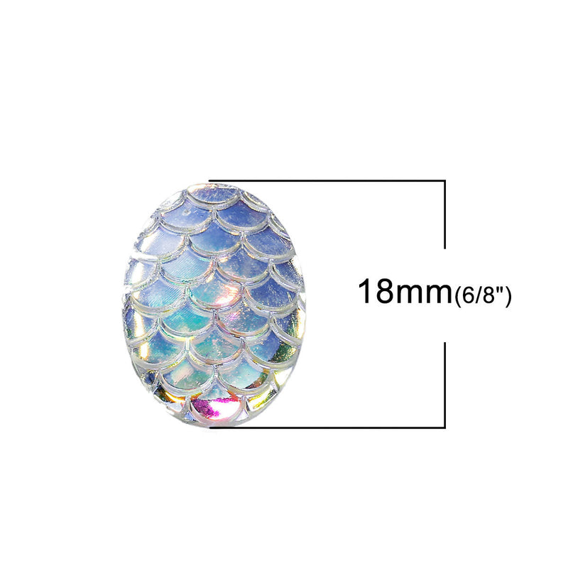 10 Oval Resin MERMAID FISH SCALE Cabochons, Rainbow Iridescent White, faux druzy, 18x13mm, cab0506a